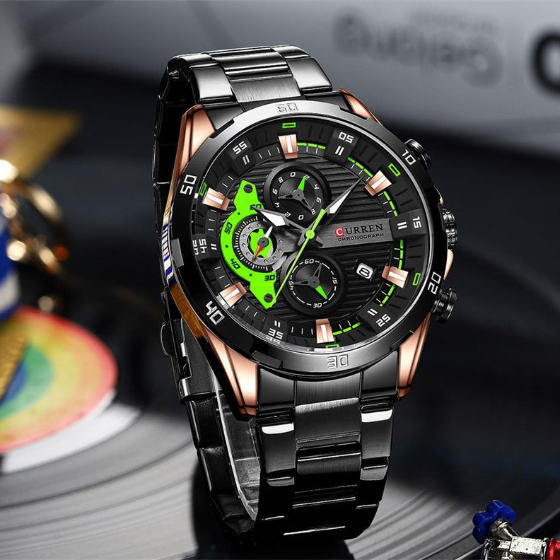 Mens Six-Hand Steel-Strap Motorcycle Watch