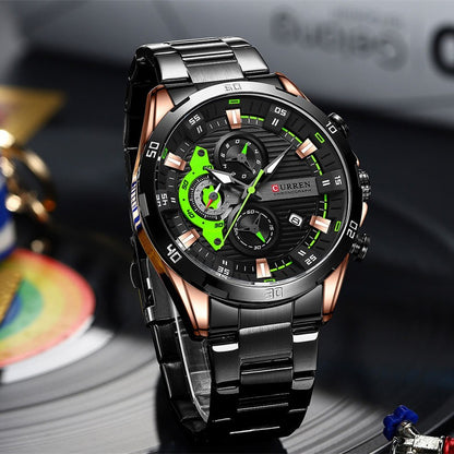 Mens Six-Hand Steel-Strap Motorcycle Watch
