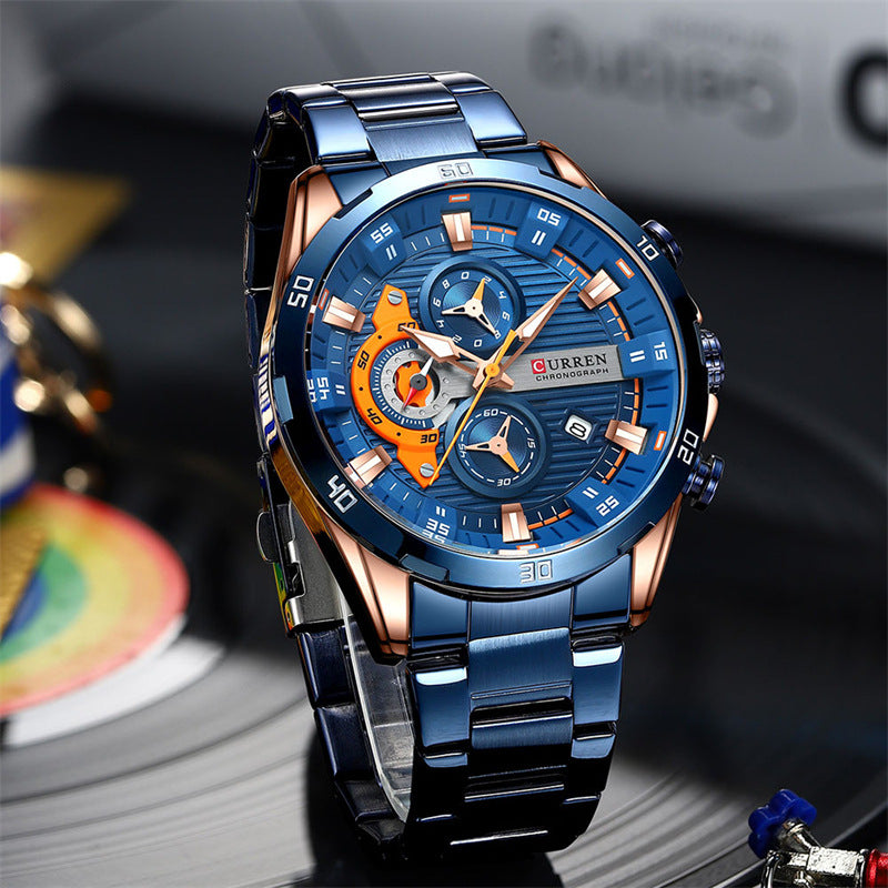 Mens Six-Hand Steel-Strap Motorcycle Watch