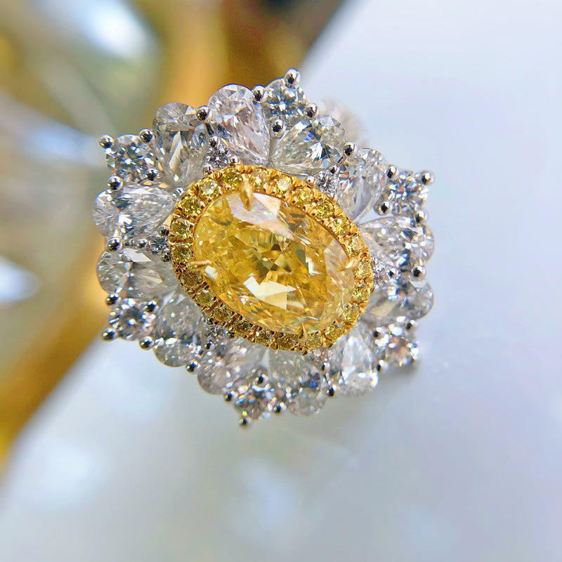 New Design Large Carat Simulated Diamond Ring, Heavy Set Synthetic Ascher Cut Yellow Diamond Gemstone Jewelry For Women