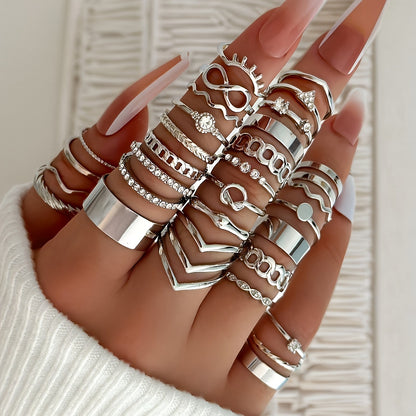 30Pcs Women's Punk Vintage Stackable Ring Set, Casual Geometric Wave Heart Shapes, Inlaid Faux Diamond & Pearl, Versatile For Daily Vacation Party Wedding, Perfect Valentine's Day Gift For Her