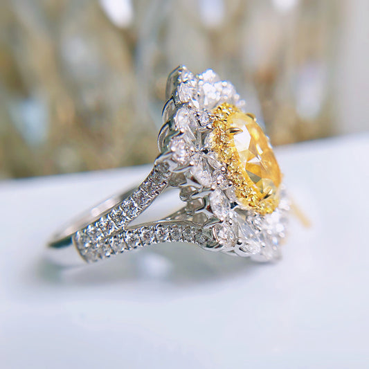 New Design Large Carat Simulated Diamond Ring, Heavy Set Synthetic Ascher Cut Yellow Diamond Gemstone Jewelry For Women