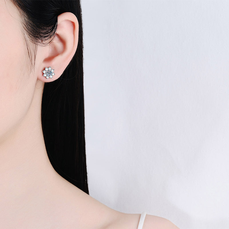 S925 Sterling Silver Snowflake Stud Earrings For Women With Moissanite