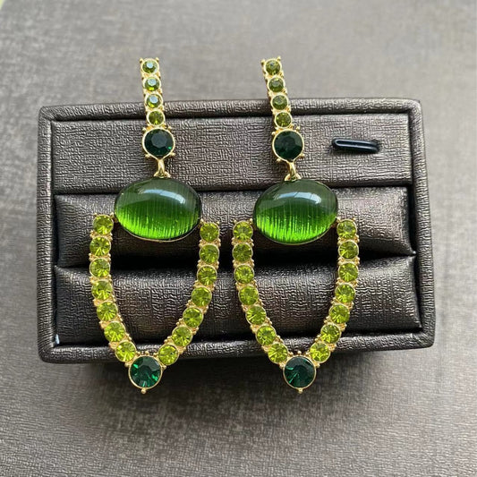 Exaggerated Diamond-studded Vintage Green Hollow-out Stud Earrings