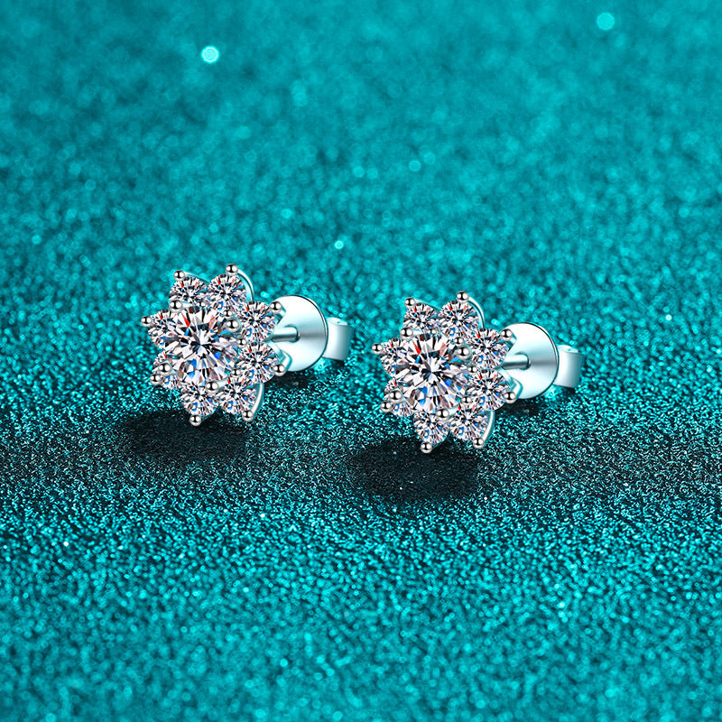 S925 Sterling Silver Snowflake Stud Earrings For Women With Moissanite