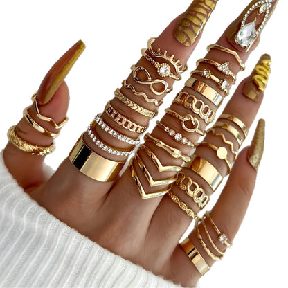 30Pcs Women's Punk Vintage Stackable Ring Set, Casual Geometric Wave Heart Shapes, Inlaid Faux Diamond & Pearl, Versatile For Daily Vacation Party Wedding, Perfect Valentine's Day Gift For Her