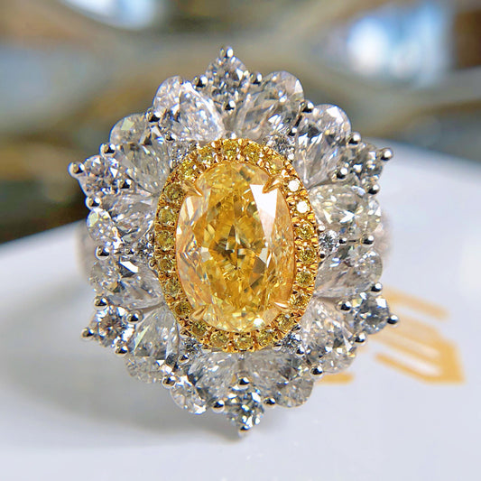 New Design Large Carat Simulated Diamond Ring, Heavy Set Synthetic Ascher Cut Yellow Diamond Gemstone Jewelry For Women