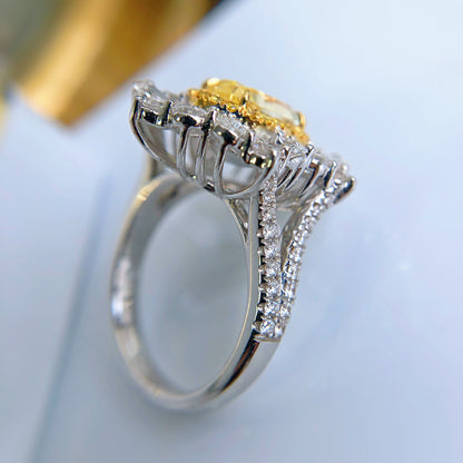 New Design Large Carat Simulated Diamond Ring, Heavy Set Synthetic Ascher Cut Yellow Diamond Gemstone Jewelry For Women
